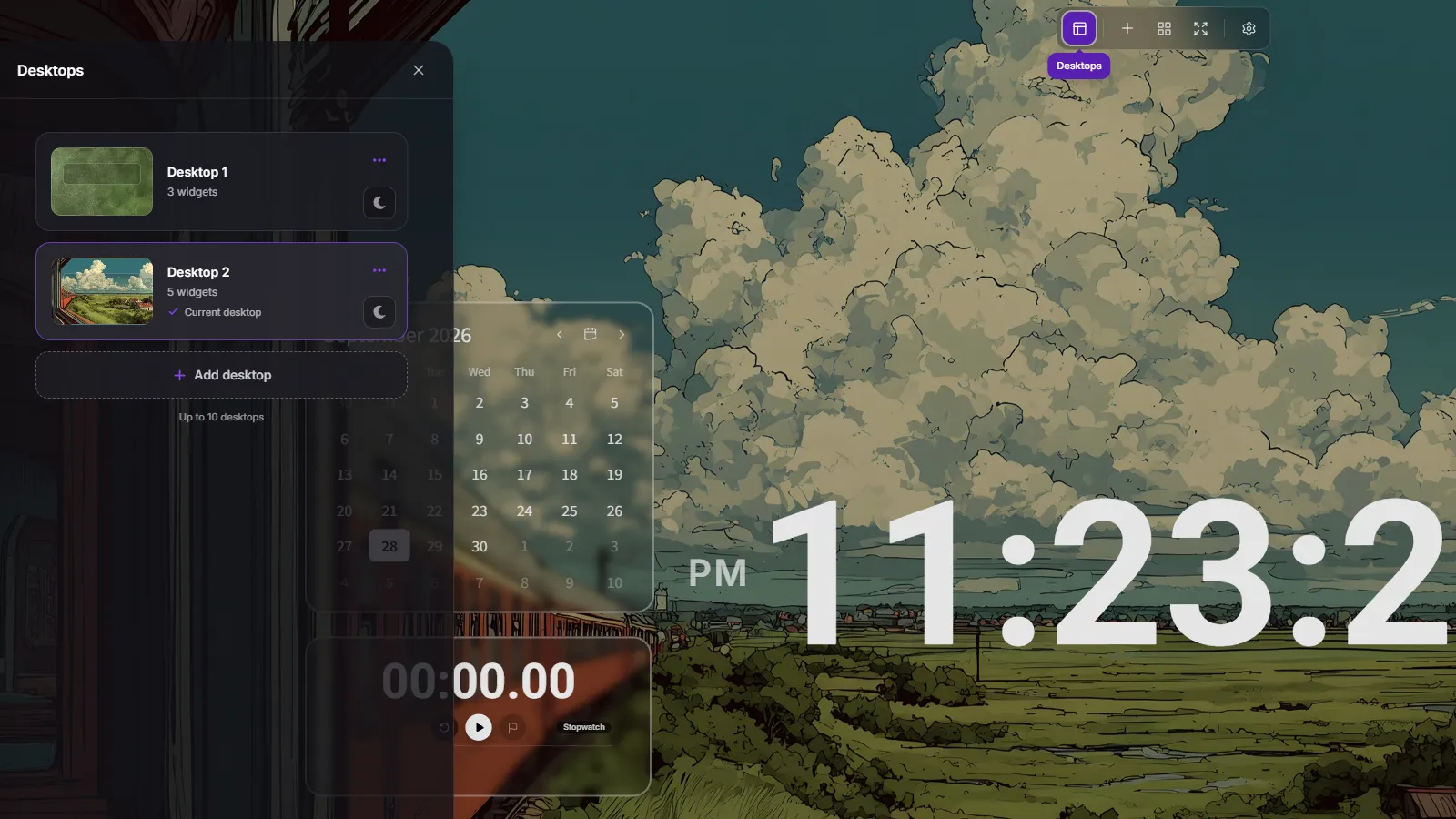 Desktop list and the add desktop menu
