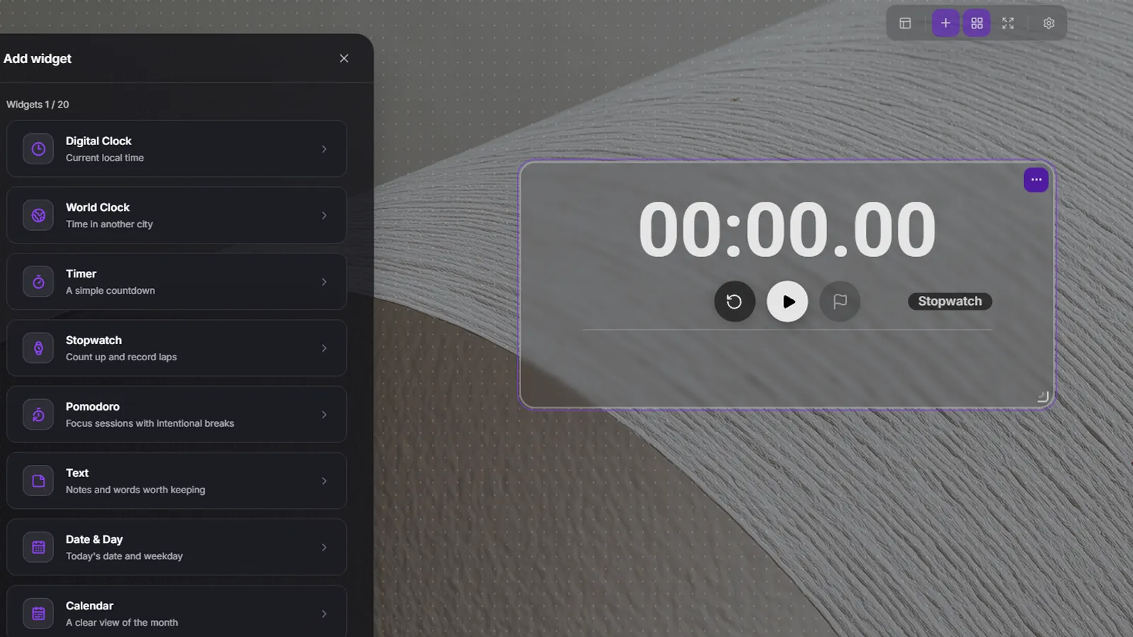 Stopwatch showing the elapsed time and reset, play, and lap controls