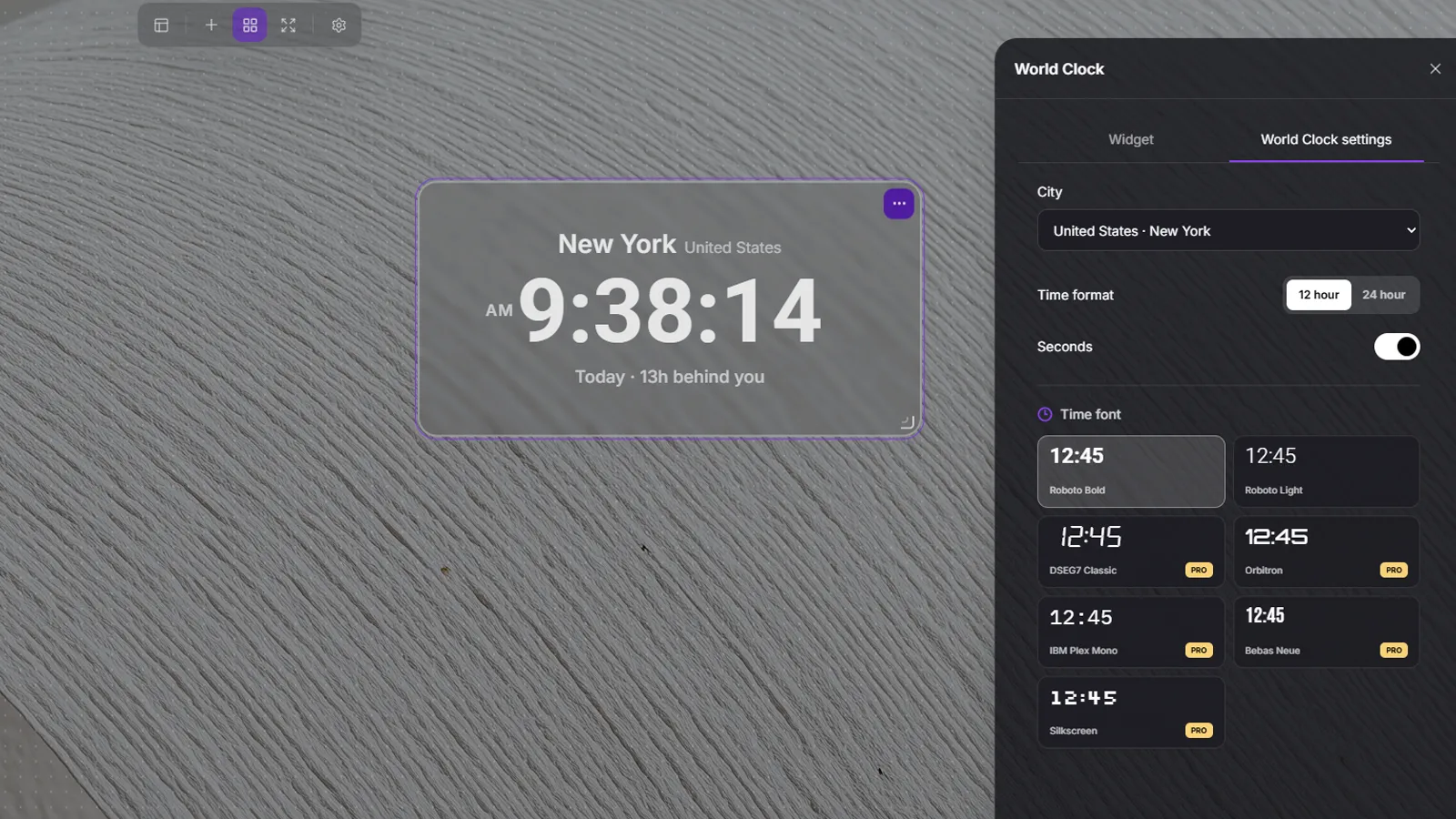 World Clock with another city selected and the city selection settings