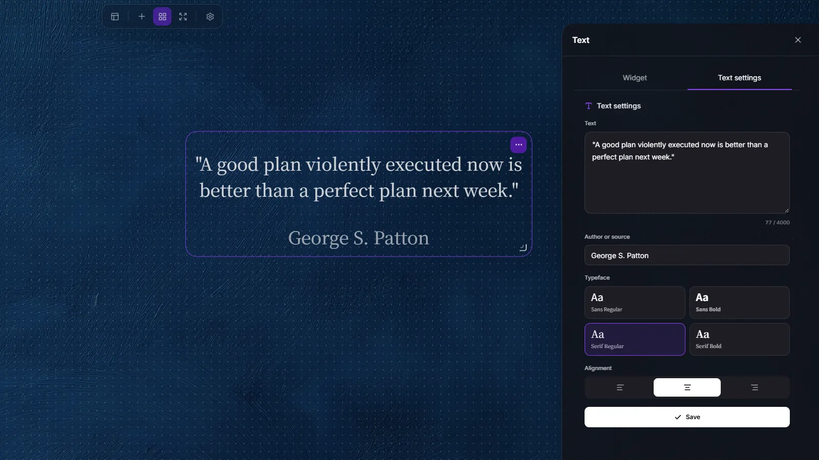 Text widget with a source, alongside text, alignment, and Save settings